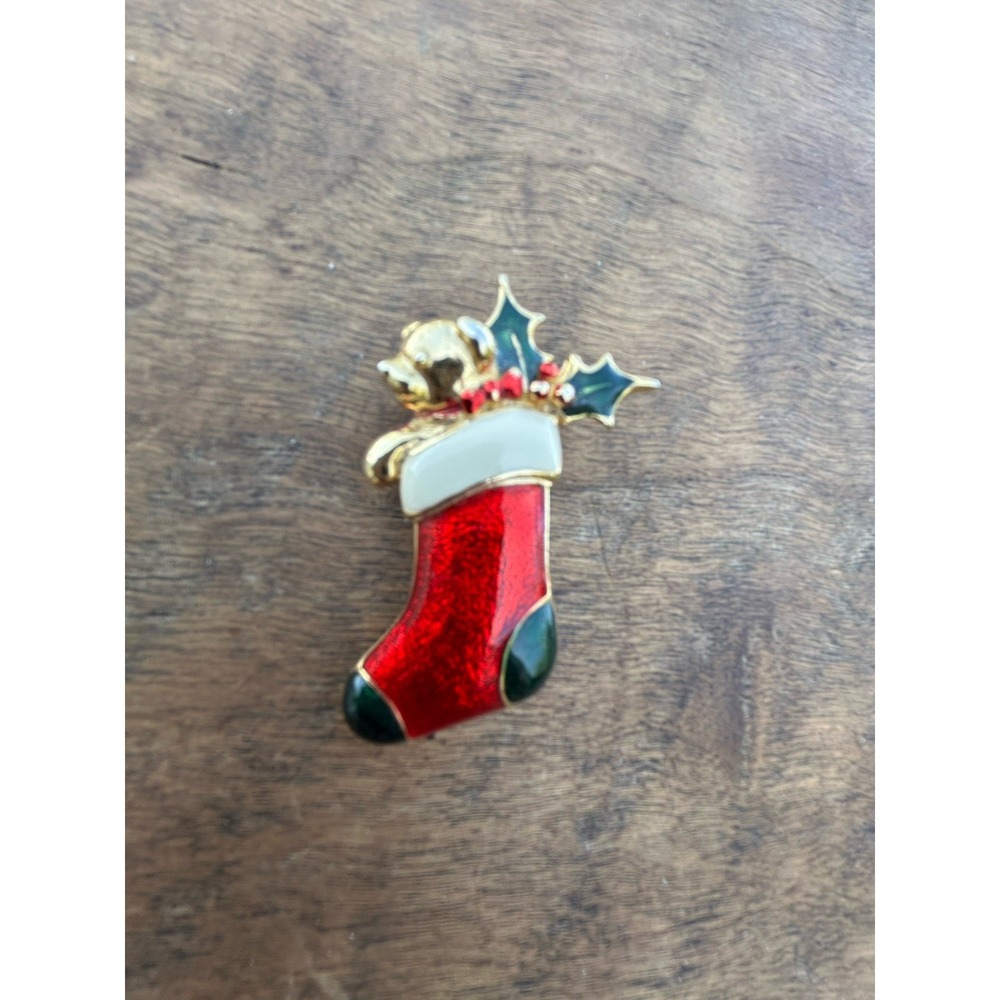 Vintage Style Christmas Stocking Brooch Red Green Enamel Holly Bell Holiday Pin